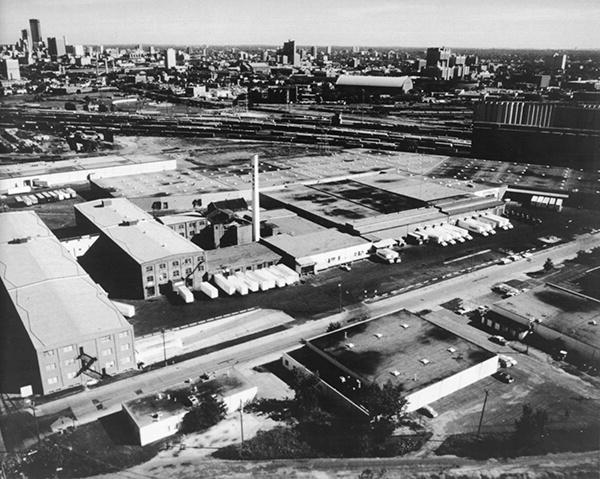 Aerial view of Murphy Warehouse Company with the Minneapolis skyline off to the right.